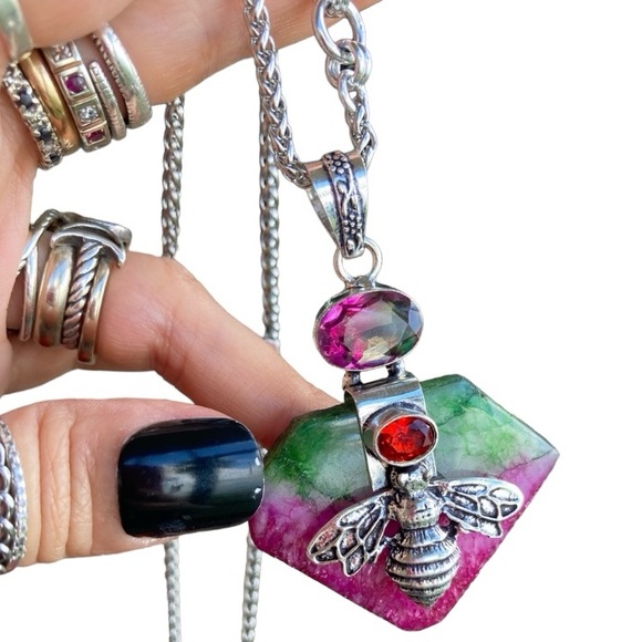 Silverskylight2 Jewelry - 925 sterling silver overlay pink green agate & mystic topaz bee boho necklace .